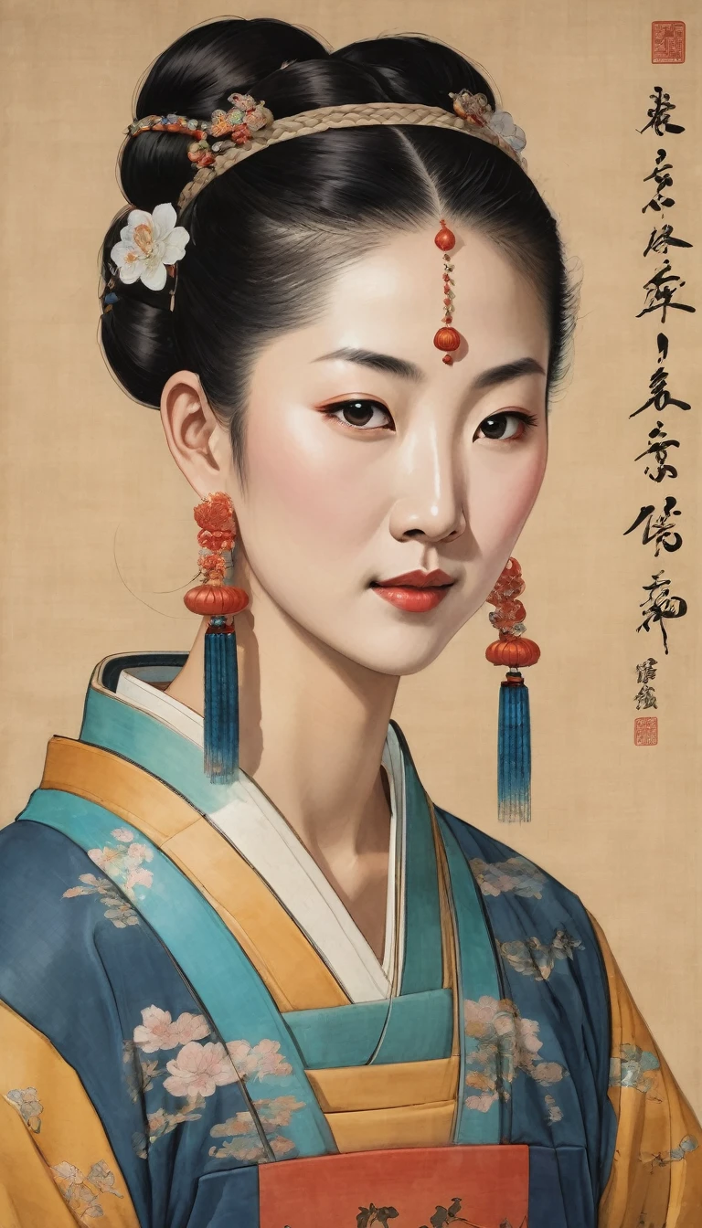 Ancient Chinese painting, a portrait of an ancient woman with hair up in two braids wearing pearl earrings, a colored lead painting depicting Tang Dynasty costumes and featuring the character from head to toe with meticulous depictions of facial expressions and postures against a light brown background in the style of Song Huizong, with meticulous brushwork in the style of Song foxes in . --ar 3:4