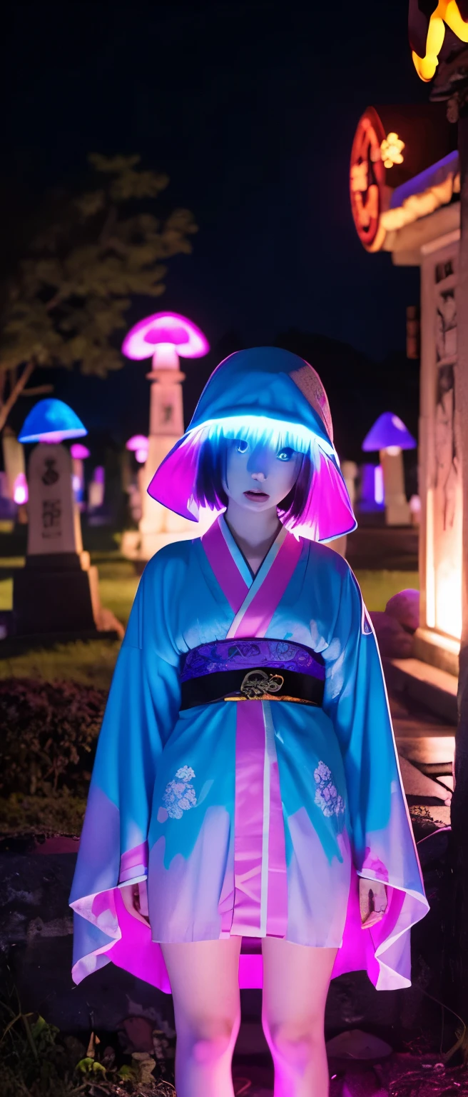 Mushroom-covered Ghost Idol Girl、whole body、Good style、、、、、、、、、、Thick legs、Mushroom-covered Kimono Dress（fluorescent blue and pink）、Cool girl face、、、A graveyard glowing at night