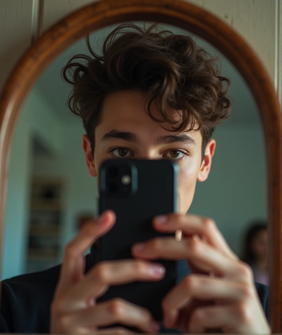 A photo in front of the mirror of a young man, Youngh, with the cell phone covering your face