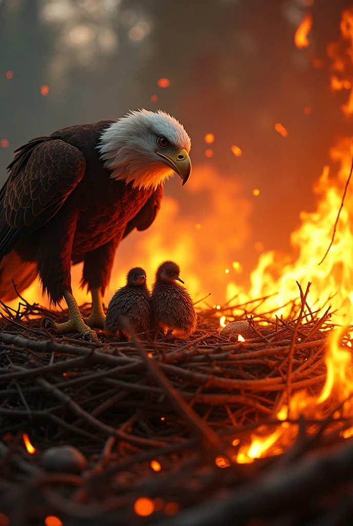 the roasted meat had some embers stuck to it, which set fire to the dry twigs and grass in the nest. As the wind picked up, the fire quickly spread, leaving the eagle no time to save herself or her chicks.