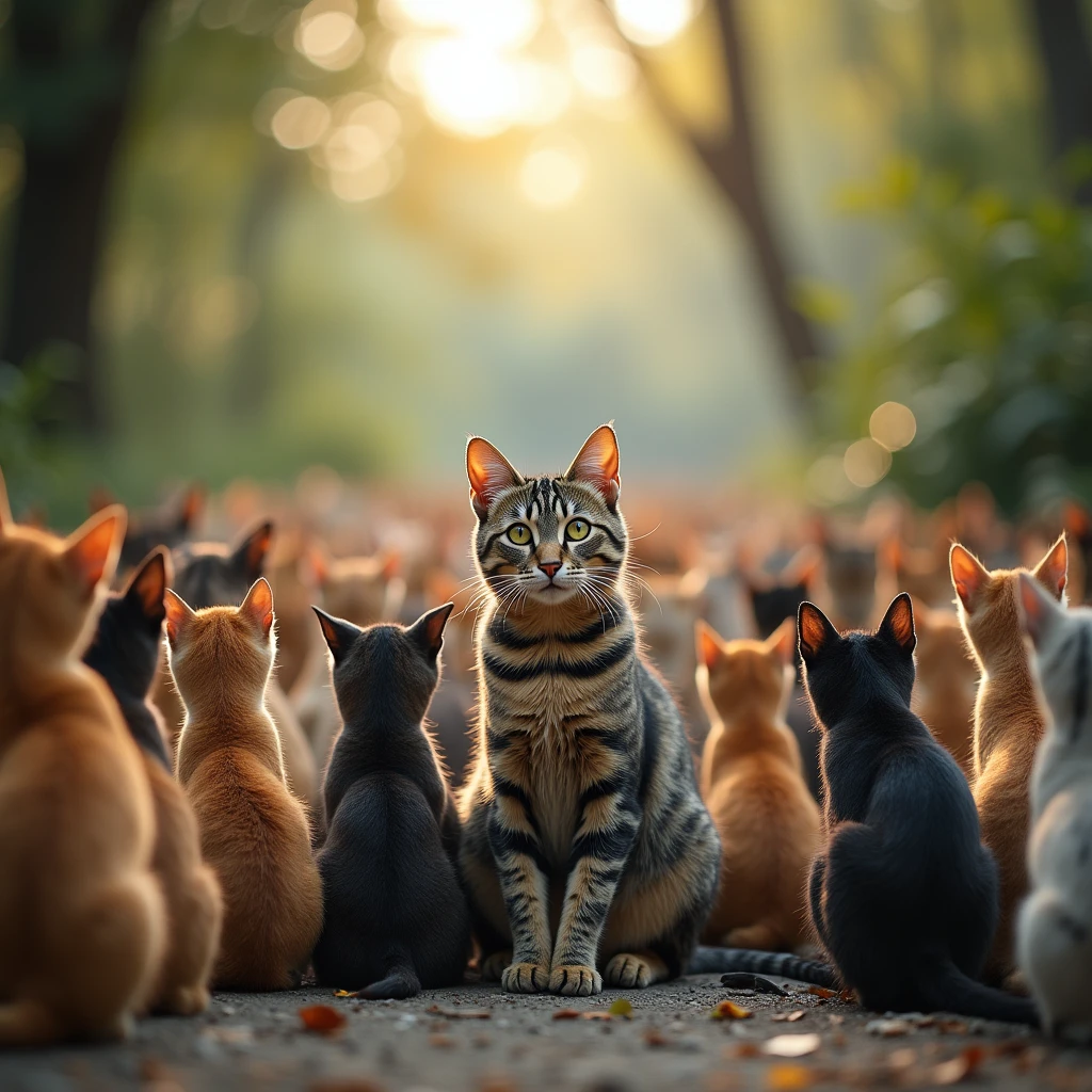 outdoor, too many cats, Infinity number of Cat are looking at viewer, wide shot,