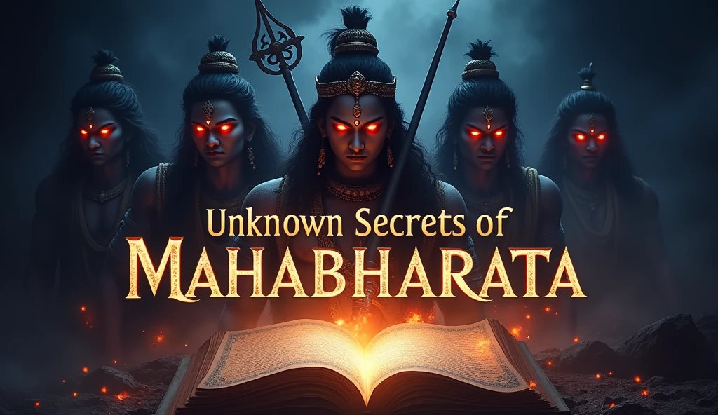 For a YouTube thumbnail with the title "Unknown Secrets of Mahabharata," you could consider the following ideas:
**Visual Elements:**
1. **Main Characters in Shadows:** Display prominent figures like Krishna, Arjuna, and Bhishma in a semi-transparent, shadowy form to imply mystery. Position them at the edges of the frame, partially concealed.
2. **Ancient Scrolls and Artifacts:** Show an ancient scroll or manuscript, partially unrolled, with mysterious Sanskrit writing or symbols glowing faintly. Include some iconic weapons like the **Sudarshana Chakra** or **Bow of Arjuna** next to the scroll.
3. **Dark Background with Glowing Text:** Use a dark or dusky background, possibly with a cloudy sky or battlefield. Make the title text glow with a mystical aura, especially the words "Unknown Secrets."
4. **Eyes of Krishna or Vyasa:** Feature a close-up of intense eyes, like those of Krishna or Vyasa, which are considered to hold wisdom and secrets. This adds a sense of intrigue.
**Color Scheme:**
- Use deep blues, purples, and golds for a regal yet mysterious look.
- Accents of red or orange can highlight specific elements like weapons or divine characters.
**Text Placement:**
- Keep the text bold and minimal. Position it at the top or bottom, allowing the imagery to be the main focus. Use a font that evokes a sense of ancient history or mythology.
Would you like any further details or a more specific design suggestion?