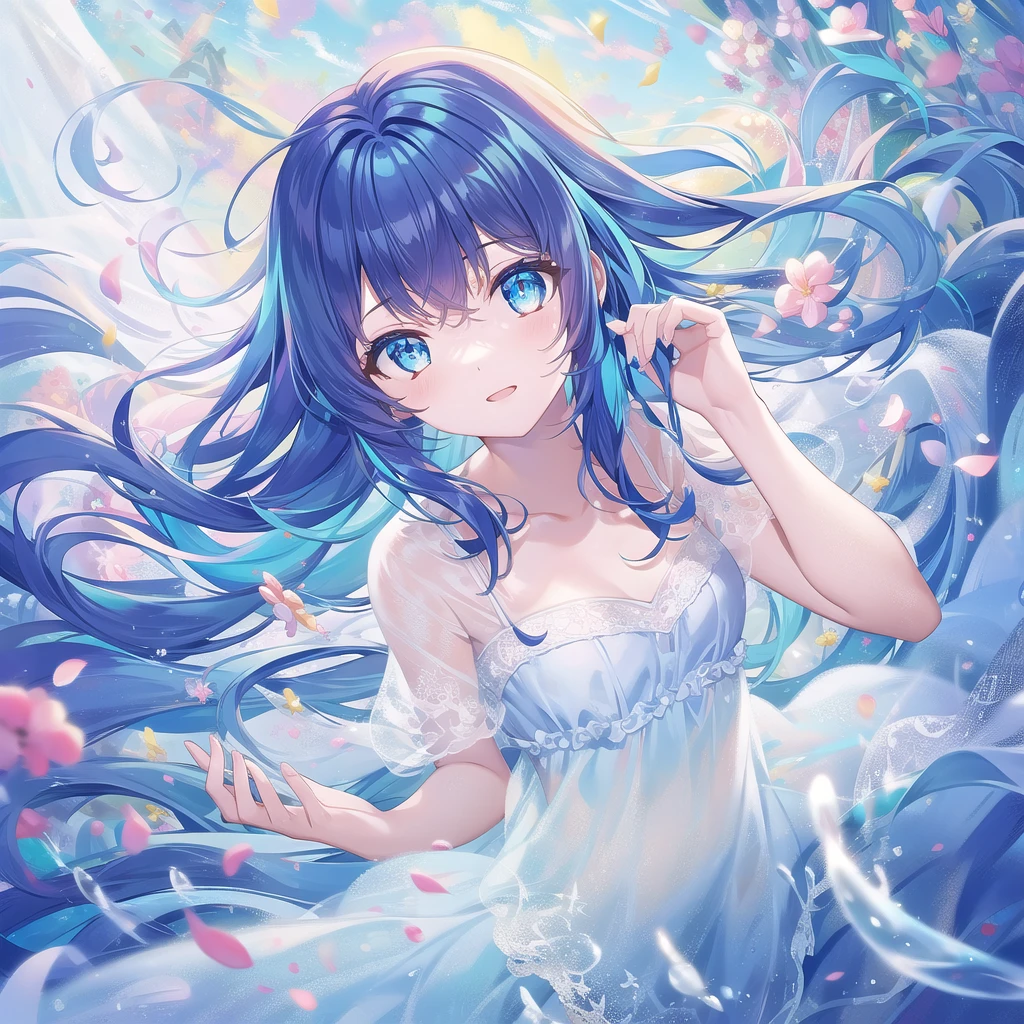 ((masterpiece, best quality))++, Detailed lighting+,  Detailed hair+, Detail hand+ ,1 girl, Miss, Long hair,   Crimson eyes,  beautiful eyes, Young blue-haired,,(beautiful blue hair:1.5),(Beautiful and delicate eyes),  high resolution+,glass tint, Reflective eyes,   {{angle}} , Very detailed wallpaper, The original, Air bangs，Extremely beautiful CG，Firefly，Nature，ocean
