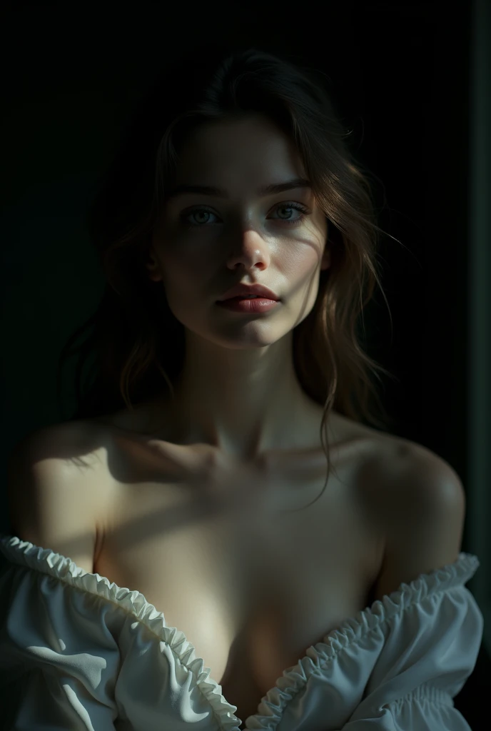 Best quality, masterpiece, ultra high res, (photorealistic:1.4), raw photo, 1girl, offshoulder, in the dark, deep shadow, low key, cold light, chiaroscuro