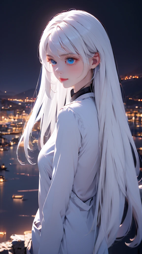 1 girl, medium light white hair, light blue eyes, wearing Black suit 4D , night city, absurdres , high res, ultrasharp, 8K, masterpiece, looking from behind