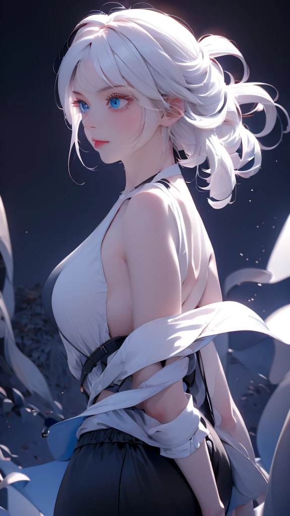 1 girl, medium light white hair, light blue eyes, wearing Black suit 4D , night city, absurdres , high res, ultrasharp, 8K, masterpiece, looking from behind