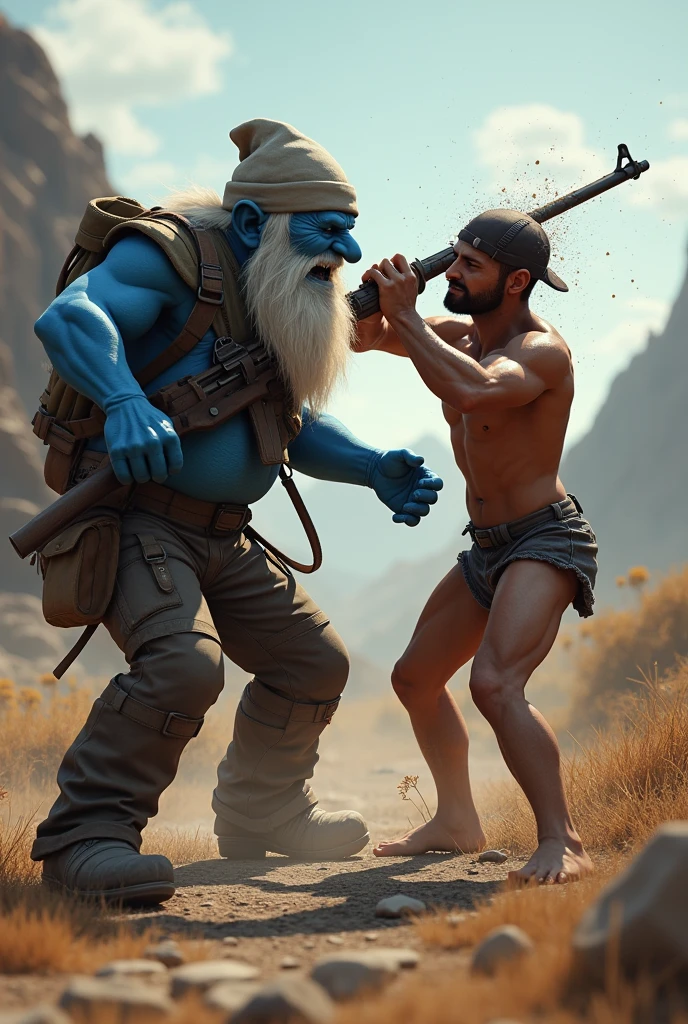 Player from the video game rust as grandpa smurf with a white beard and an ak-47 getting hit on the head by a naked character with the starting rock and dying  