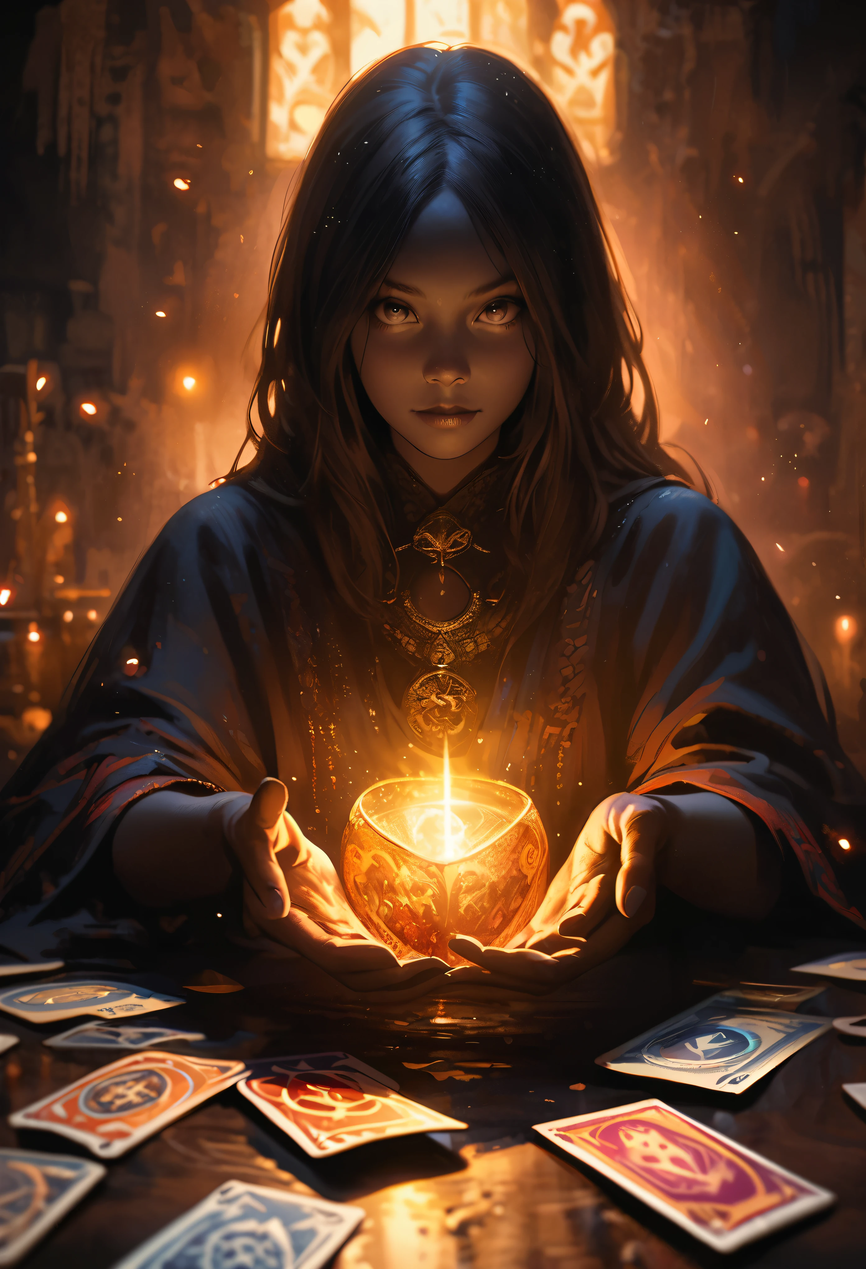 Impressionist painting, Realistic, 1 girl, fortune teller, Tarot cards on a table, Looking at the audience, Dark Skin, mysterious, magic, Shine, Shineing, dark magic lighting, Sulky, Cinematic, Shine, Sparkling, darkness