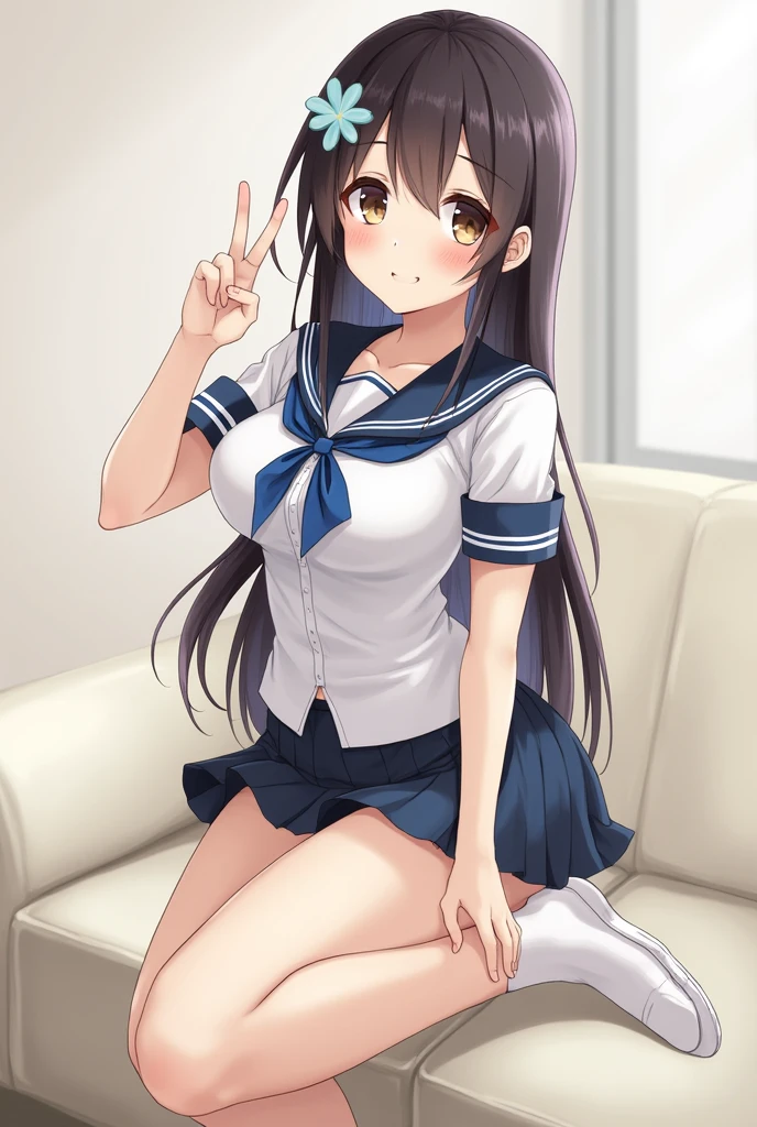 Schoolgirl in uniform with legs open without panties and bra Showing the pussy