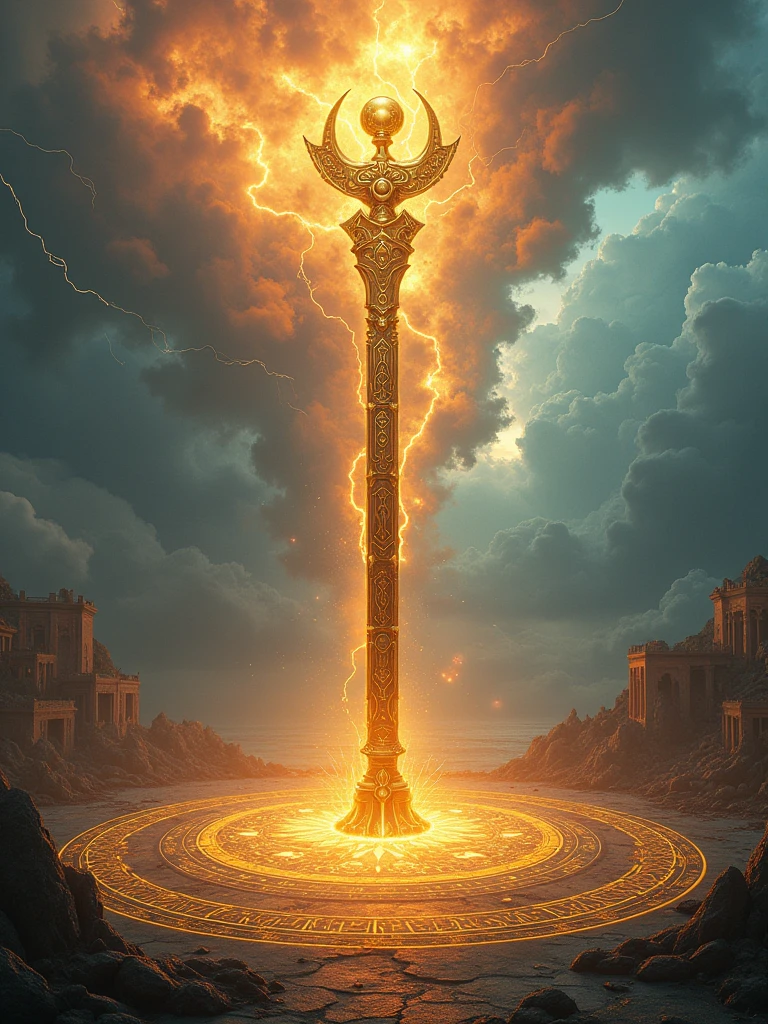 (Best quality,8k,high resolution,masterpiece:1.2),Ultra Detail,(A giant golden iron rod,Intricate runes are engraved on it.,Standing quietly in the magic circle),(From a satellite perspective:1.5),Brightly colored clouds resemble a rainbow,With lightning,Mysterious energy emanates from the staff,Complex mysterious symbols on the ground,Breathtaking majestic atmosphere,Clear focus,Physically Based Rendering,Extremely detailed description,Concept Art,Mysterious landscape,Vibrant colors,Dramatic lighting,Science Fiction,Fantasy Art,The surrounding scene was a scene of chaos and flames,The building was destroyed by fire。Frightened people,They all fled in terror,Pure fear written all over his face,This work is rendered in traditional line art,Reminiscent of anime before 1912,Filled with bright and bold colors