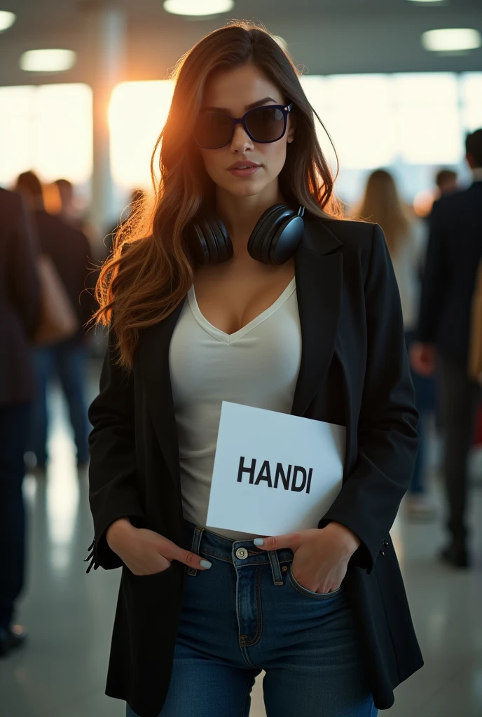 detailed, concentrated, Professional lighting, Very beautiful women, airport, long hair, curve body, black thight blazer white t-shirts and jeans, sun glasses, headphones, Full body image, Take a crowded line, Standing in the airport waiting for somebody, Holding the large papper with text HANDI, Crowded inside the airport, Surrounded by men and women, the lights from the window on her face.