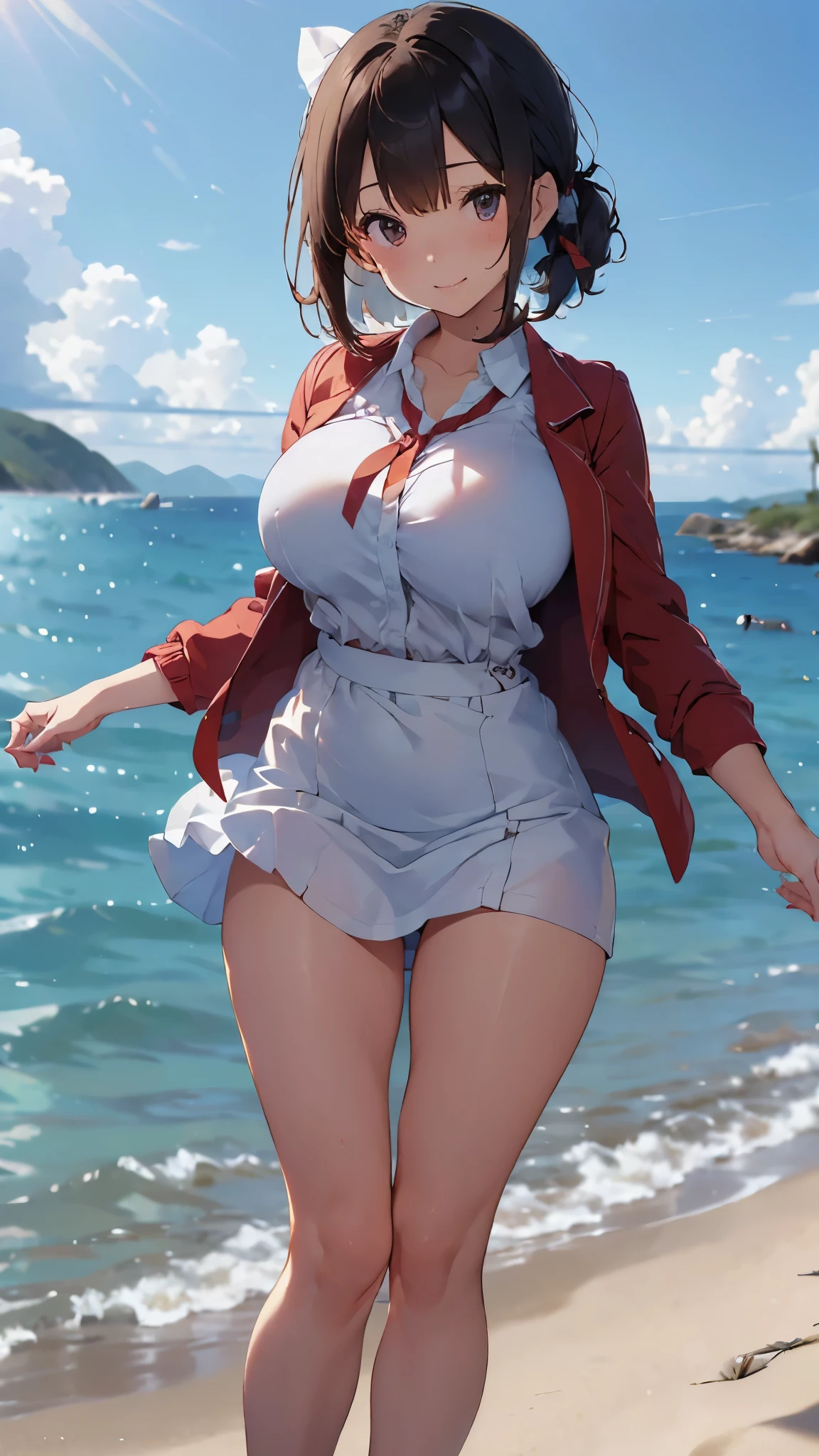 (Cute Smile、Black short bob、Cute orange hair clip)、((Clothed Big Tits、Pure white blouse))、((Light blue flared skirt、The wind blows up her skirt and her underwear is visible、White underwear with cute ribbon))、Bare feet and naked feet、((Sandy beach, sea and blue sky))、((The face is in focus and the background is blurred、Shallow depth of field))、Realistic、Standing posture、((Moderately large breasts、Closer valley、Pie Slash))、(A bright red long coat over a blouse、Spread a long coat with both hands)、(A light blue bra clearly shows through under the blouse、Quarter Cup Bra)、A wristwatch on the left hand