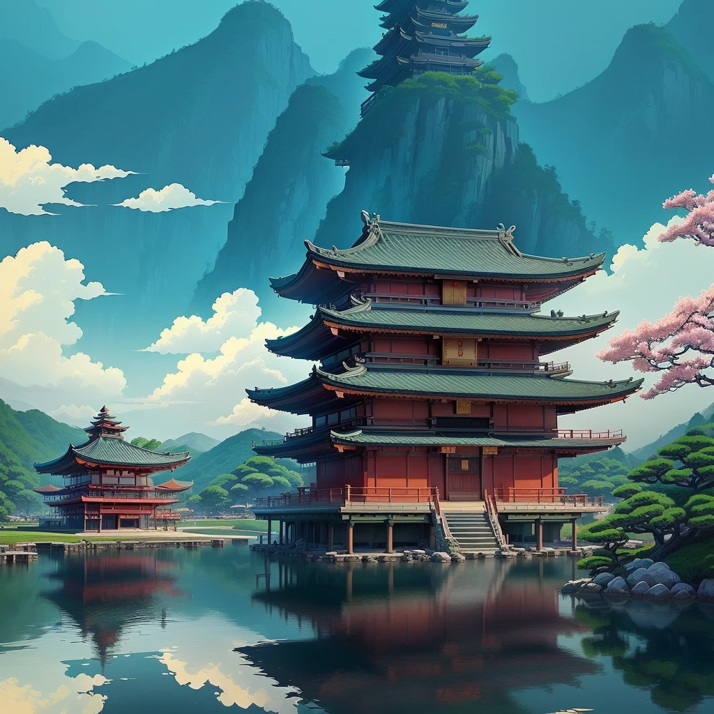a close up of a painting of a pagoda with a lake in front of it, Studio Ghibli Spirited Away atmosphere, digital painting of a pagoda, temple background, retro anime image, Background with the image of the temple, inspired by Hiroshi Yoshida, zen temple background, inspired by Toshi Yoshida, pagoda, japanese temple, studio ghibli aesthetics, Traditional Japanese concept art