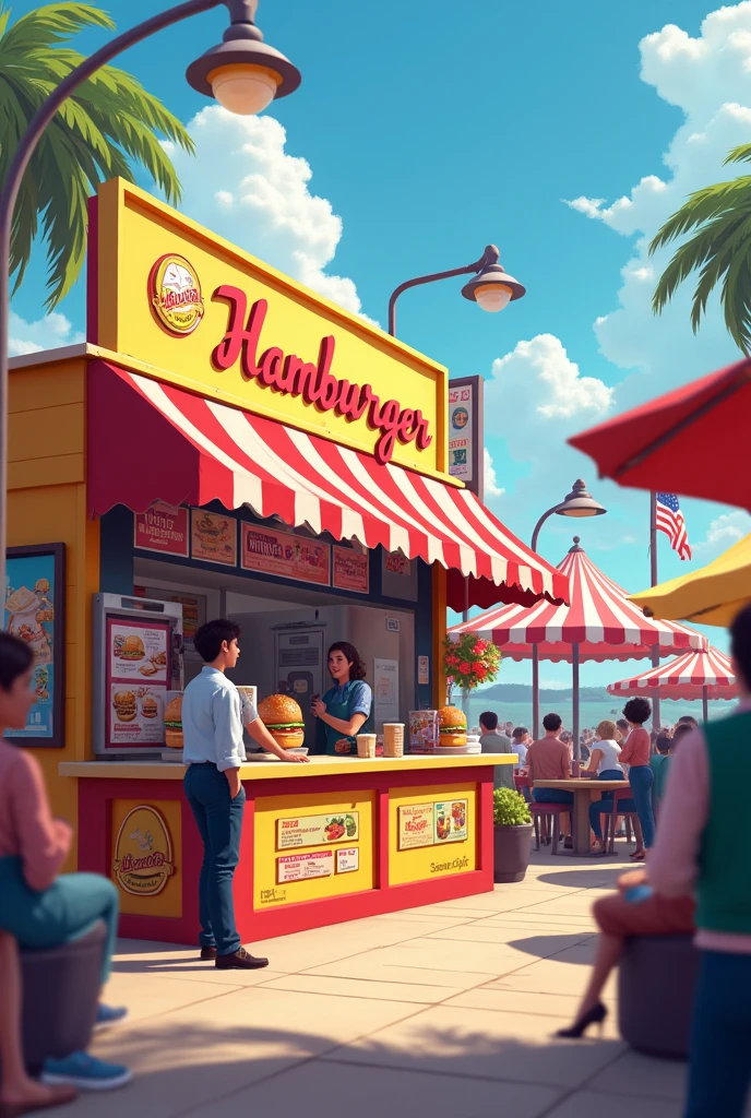 A hamburger stand with a cashier and sales tents