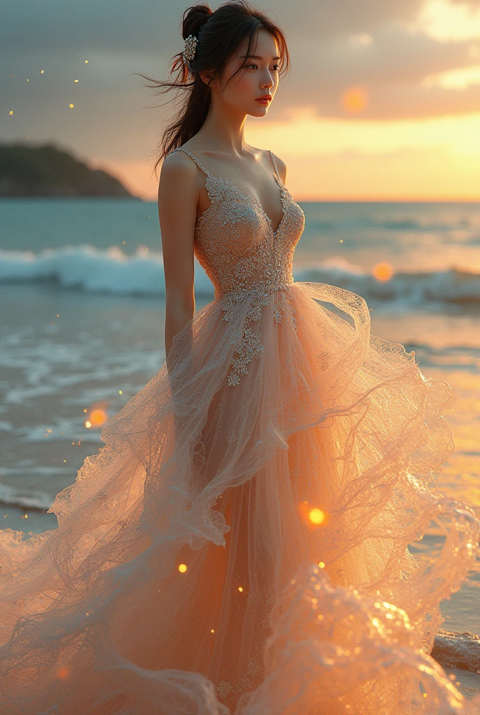 Vietnamese girl, wearing a dress made of water, At the beach, mặc một bộ trang phục gorgeous, váy gorgeous, complex dress, elegant fire dress, gorgeous và thanh lịch, lavish dress, lấy cảm hứng từ HIt isdi Xandt, trang phục gorgeous, complicated costumes, royal dress gorgeous, quần áo gorgeous, váy gorgeous, complex and elegant, dress with many intricate details, gorgeous, high heels, royal dress, hand detail, Fire in the body, water on dress, lightning element, fire element, lightning wings, full water, Transparent clothes, Masterpiece, best quality: 1.2),, (8k, High resolution, RAW images, reality, ảnh reality: 1.3), (structure da chi tiết, structure vải chi tiết, water detail, structure, beautiful detailed face: 1.25), professional lighting, photon mapping, beautiful soft light, radioactivity, Physics-based rendering, Ray Tracing, model shooting style, model shooting style, (hình nền cG unity 8k cực kỳ chi tiết), the most beautiful full-body photo artwork in the world, Model based on https://photos.googlIt is.with/photo/AF1QipMr73g5fIzFk5WUNwuyjxhunUF2mcxsGUsVK1nb, mẫu dựa vào filIt is:///D:/c/DIt issktop/It is%20duong/z5728321478468_c48a1434d8a229637008870c5a128975.jpg