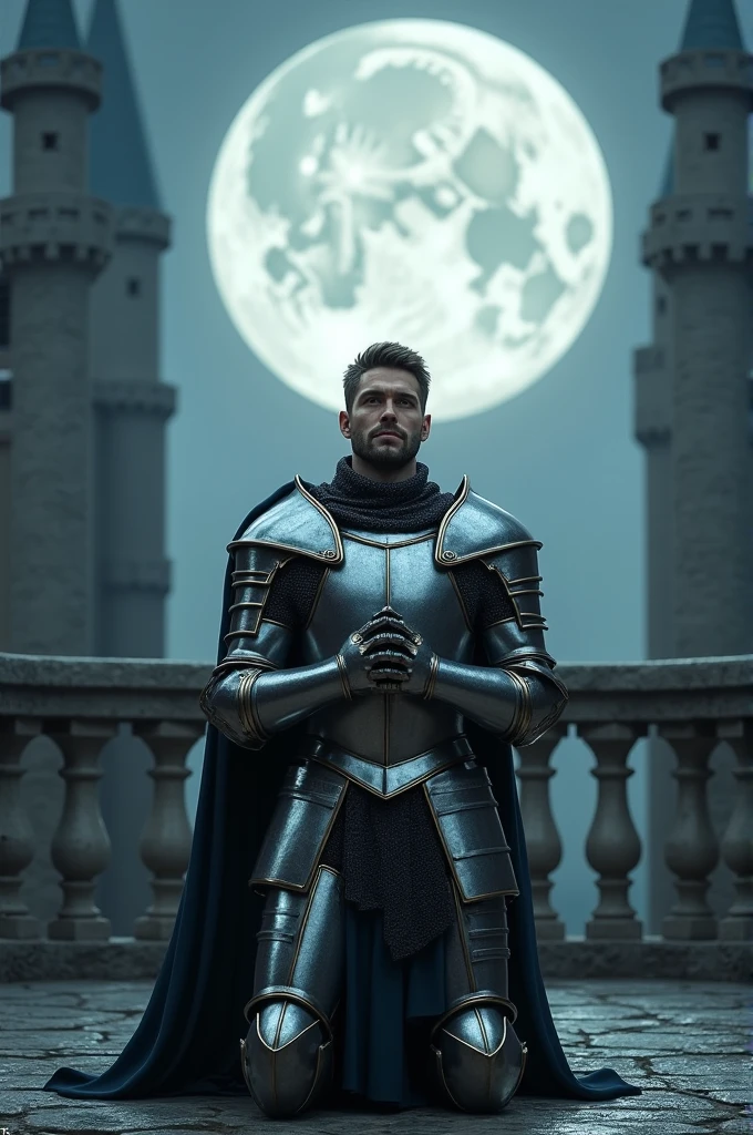 ((masterpiece, top quality, high resolution, highly detailed CG unified 8K wallpaper)), (huge stunning god shot, very hot, jaw dropping beauty, perfect proportions, beautiful body, body beauty:1.3), Moonlit Confession, On the balcony of an old castle at night, a male knight crouches on one knee and gazes at you, A male knight in medieval armor, crouching on one knee, administers the knightly oath to you, a huge full moon in the background, lighting from behind, hands on his chest as he offers you the knight's oath, silver armor shining in the moonlight, front view,
