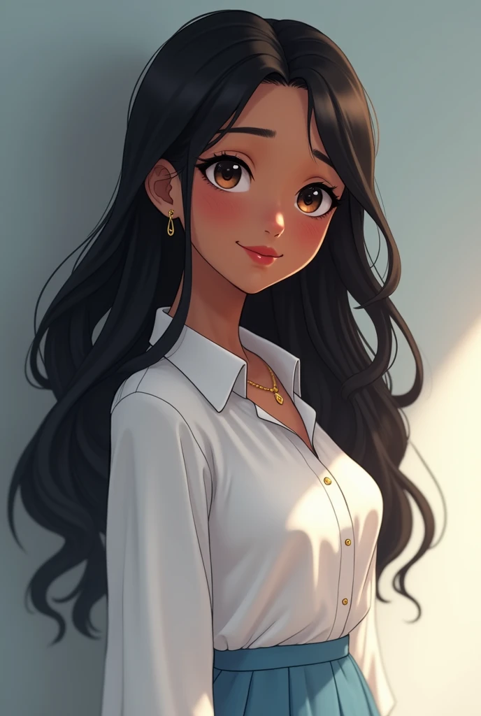 High Quality, 4K, In Frame, Close Up Portrait of Black Hair Woman in White Shirt and Light Blue Skirt, Photorealistic Anime Girl Render, Cute 3D Anime Girl Render, April Rendering, Anime VTuber Full Body Model, Full Body Xianxia, Live2D Virtual Youtuber Model, Smooth Anime CG Art, Realistic Portrait Full Body Realistic anime 3D style, photorealistic full body