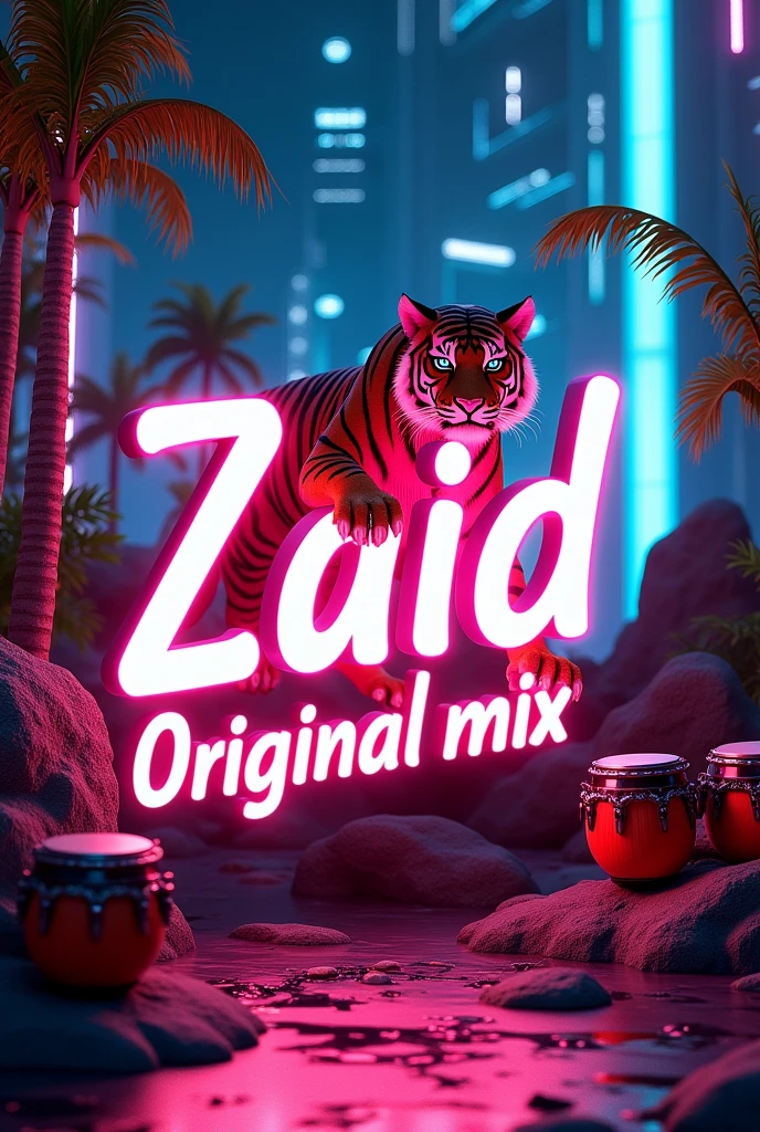 futuristic background with the phrase
Zaid Original mix
And some African drums around and a neon tiger 
