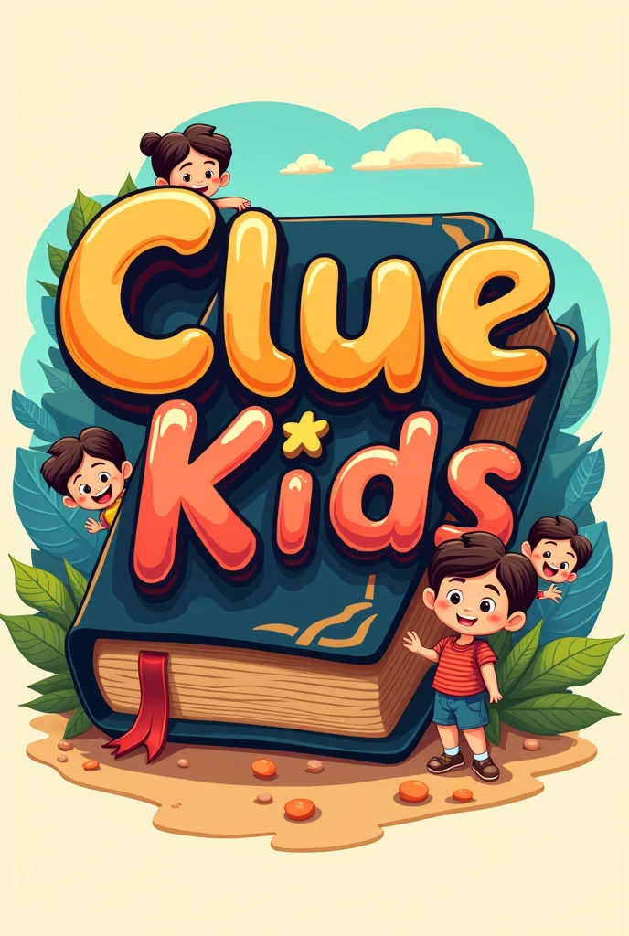 Create a logo-style image featuring a Christian Bible that says 'Clue Kids' in colorful Latin American Spanish and includes some children.