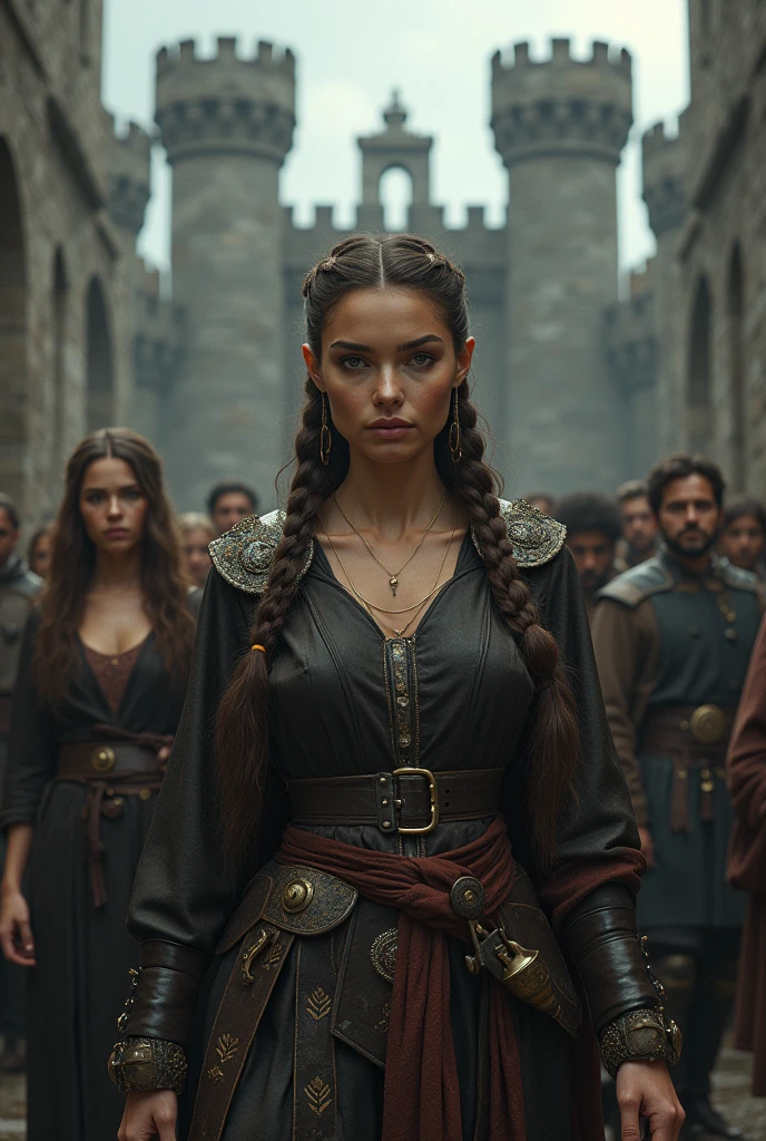 (photorealism:1.2), A very beautiful girl with her crew of men and women found themselves in the medieval era. They were captured by evil people who had dominated the land and were imprisoned.