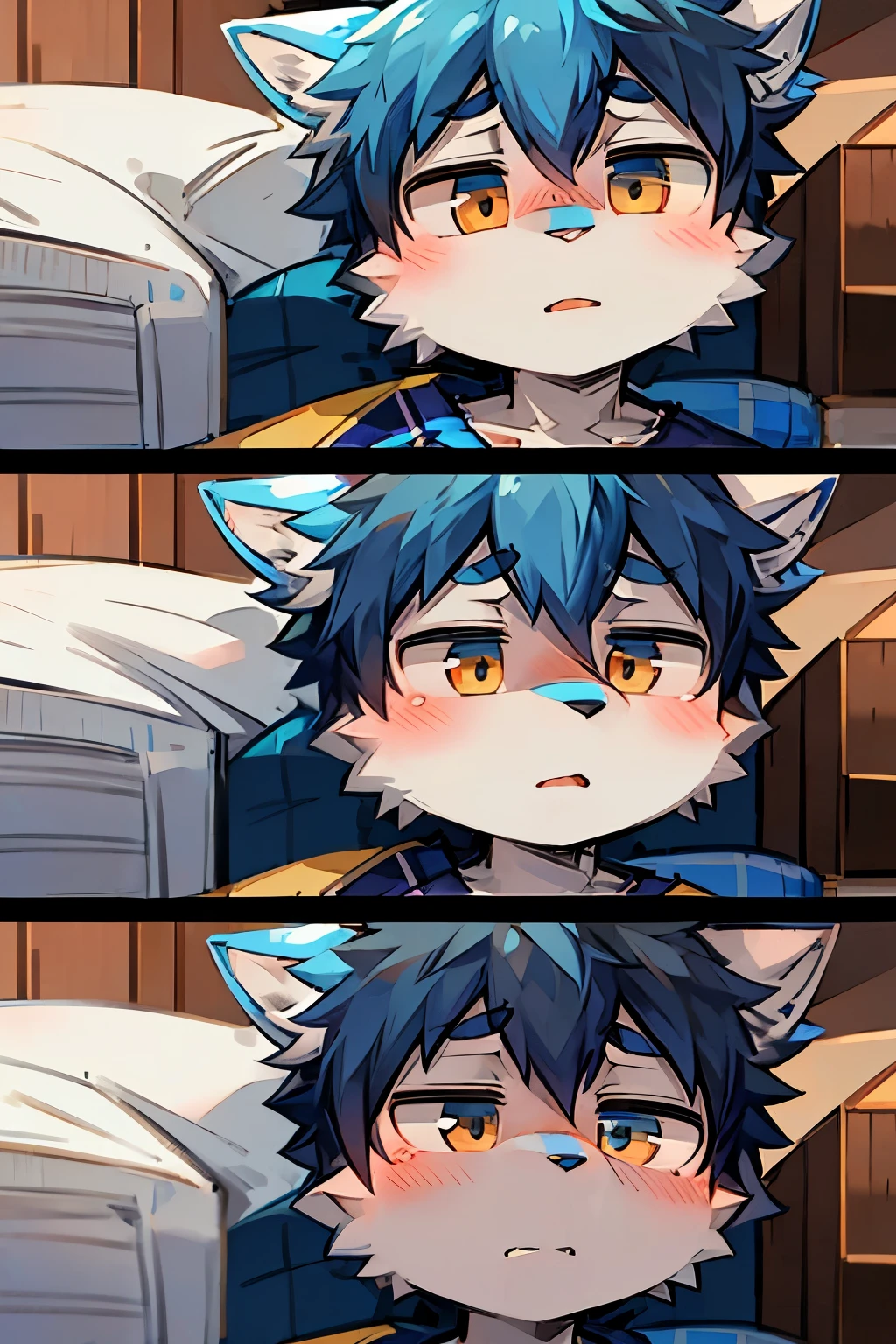 masterpiece,high quality,Shota,cute,Wolf,Fu Rui,blue,Lying on your back in bed,Confused expressions,sports Shorts,Crotch close-up