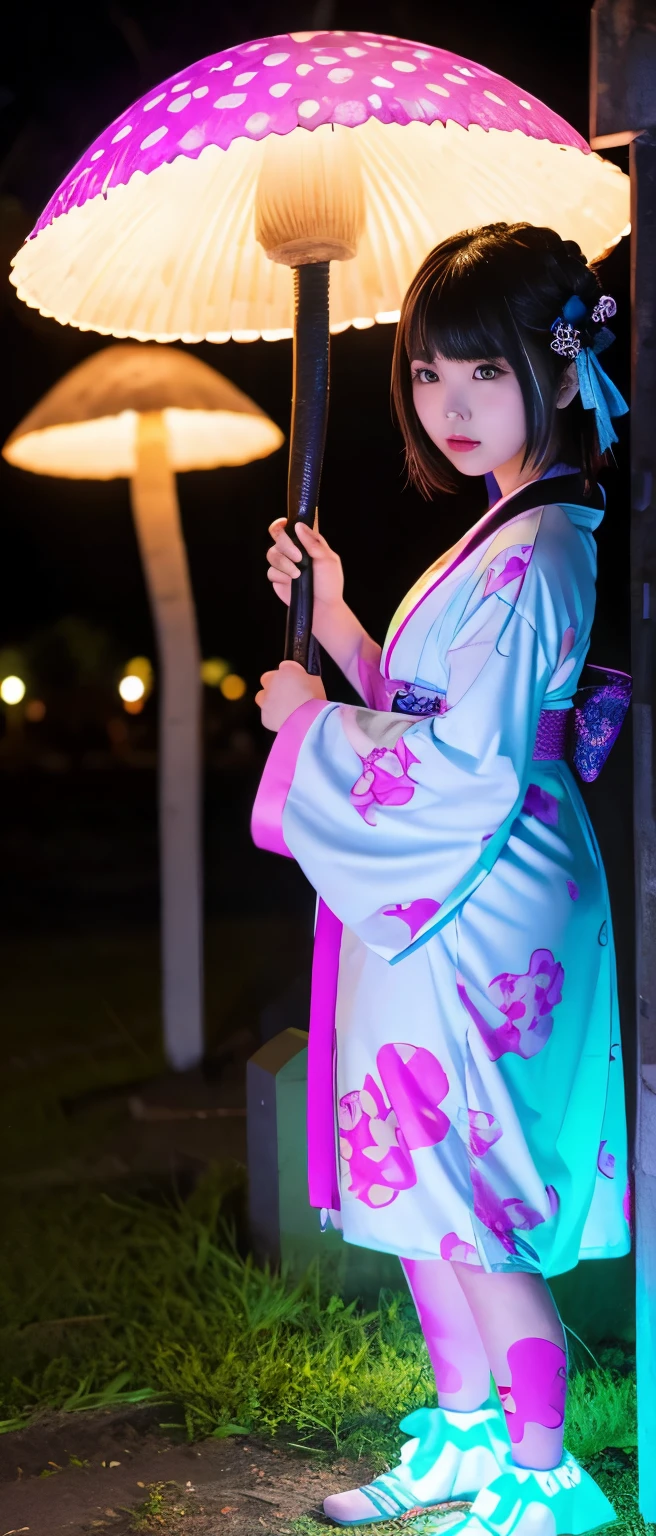 Mushroom-covered cute ghost idol girl、whole body、Good style、、、、、、、、、、Thick legs、Mushroom-covered Kimono Dress(fluorescent blue and pink)、Cool girl face、、、A graveyard glowing at night