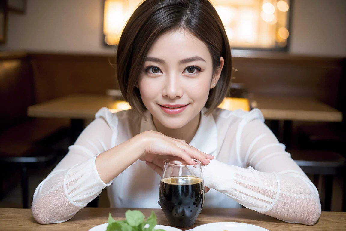 ((Highest quality、8k、masterpiece:1.3))、Japanese sake、slimカップル、modelカップル、(Realistic, Intricate details:1.2),Japanese sake、Sake Glass、 Japanese food、Buckwheat、Japanese sake、Shochu 、Beautiful view of the sunset sky and clouds、A bright smile、The wonderfulness of smile、Bright image、Beautiful Face, blue eyes, The light shines on your face, blush, short hair,Bright Face、 (Age 37), Age 34, sparkling wine、Two beauties、Brown Hair、Shortcuts、Long sleeve shirt、dress、Beautiful woman 1, (slimな顔), (The body is slim), (Brown Hair), (Shortcuts), cheeks turn a little red,Attractive beauty、restaurant, In a prominent place (From the waist up) Nova Frog Style, actress, model, Upper Body, White wine, slim, smile, (smile: 1.15), Beautiful fine grain, Depth f/2,saturation, High Contrast, Strong light and shadow,Moist Body:1.5、3D texture、Delicate eyes、Brown Hair、The hair is very shiny、