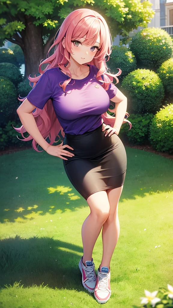 masterpiece, best quality, high detail, beautiful woman, wavy hair, pink hair, large bust, purple t-shirt, loose t-shirt, white pencil skirt, sneakers, looking at viewer, wide eyed, garden, grass, park, tree, hand on hip,