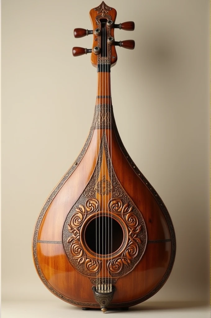 A square realistic image of aesthetic antique royal indian classical music instrument named "Tanpura" which has 4 strings