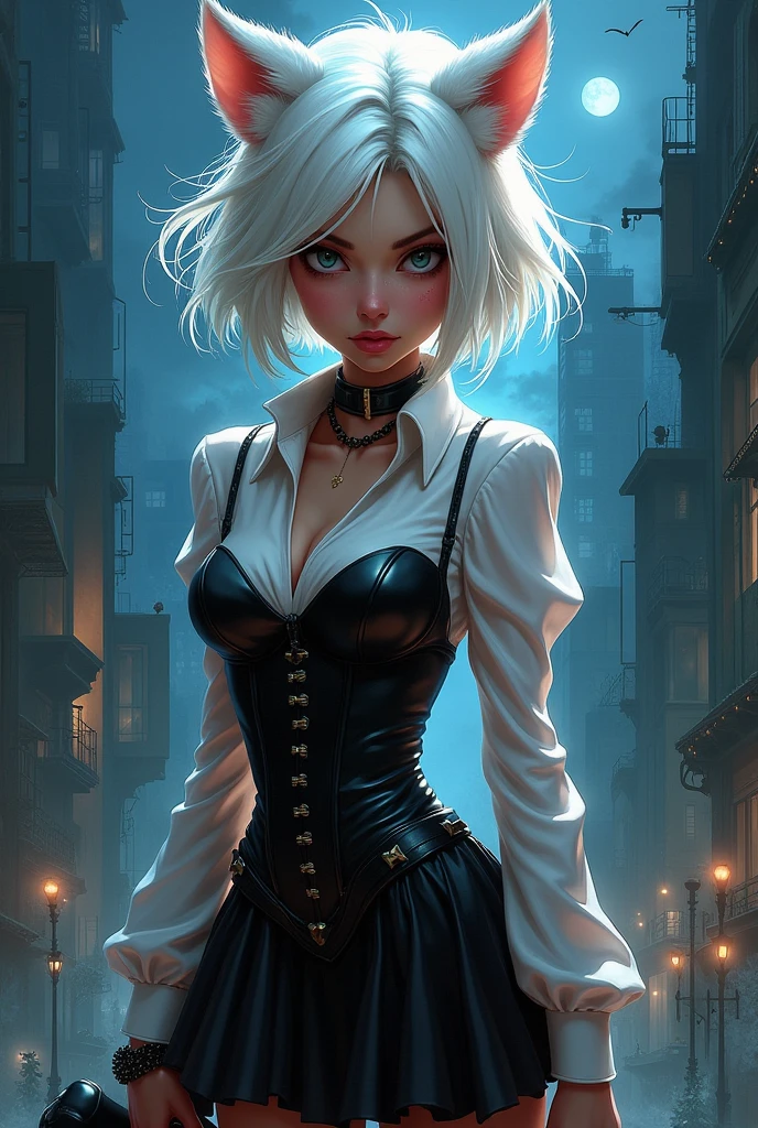 splash art, a quirky liquid portrait of a hauntingly beautiful dark werewolf woman, splash style of paint, Pixar style, Halloween colors, hyper detailed intricately detailed, fantastical, intricate detail, splash screen, liquid, gooey, slime, splashy, fantasy, concept art, 8k resolution, masterpiece, melting, complex background, intricate detailed, dark colors, fantasy, concept art, digital art, intricate, oil on canvas, masterpiece, expert, insanely detailed, 4k resolution. women with short and long white hair, attractive beauty,
works by Greg Rutkowski, elegance, dynamic lighting, spectacular lighting, high detail,
digital coloring, 8k, erotica with a clear focus, big tits, porn models, stripper, full face,
without underwear, full height, various hairstyles, bust, Phosphorus, Bright colors, Micro Bikinis,
Thongs, Futurism,Masterpiece, Beautiful art, professional artist, 8k, art style by sciamano240, rostro de Bronya Zaychik, detailed body, Very detailed face, Detailed clothing, detailed fabric, Best Quality, better resolution, 1 girl, front view, pose sexy, big breasts, serious expression, city background, at night , silver hair, choker:1.6, (long sleeve white collar buttoned shirt), (shiny black corset), black gloves covering your hands, (shiny black miniskirt), looking at the viewer,