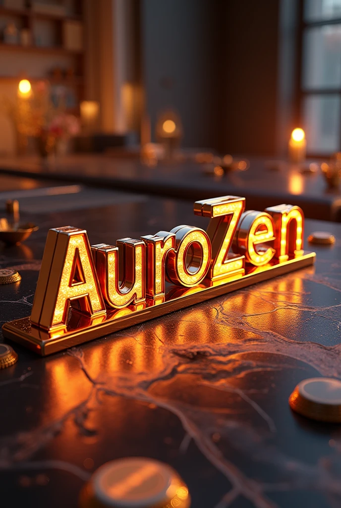 Create a high-definition 3D image with the following description: the full name of the company AuroZen, and the image should associate wealth and high profits. It should have the full name AuroZen prominently displayed in attractive colors to attract more people.