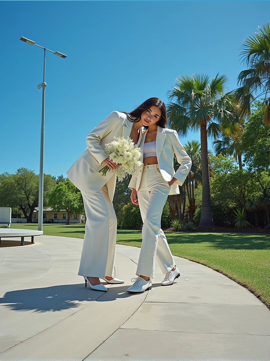 1girll，(solo person:1.4),(White business suit:1.4)，White bouquet，No shirt