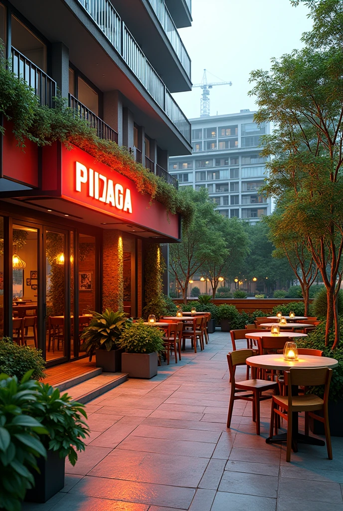 modern pizza restaurant outdoor green with plants and trees with neon sign in the front of building with tables and chairs in wooden design in a greater bulding like (https://www.licht-luftbad-quartier.de/)