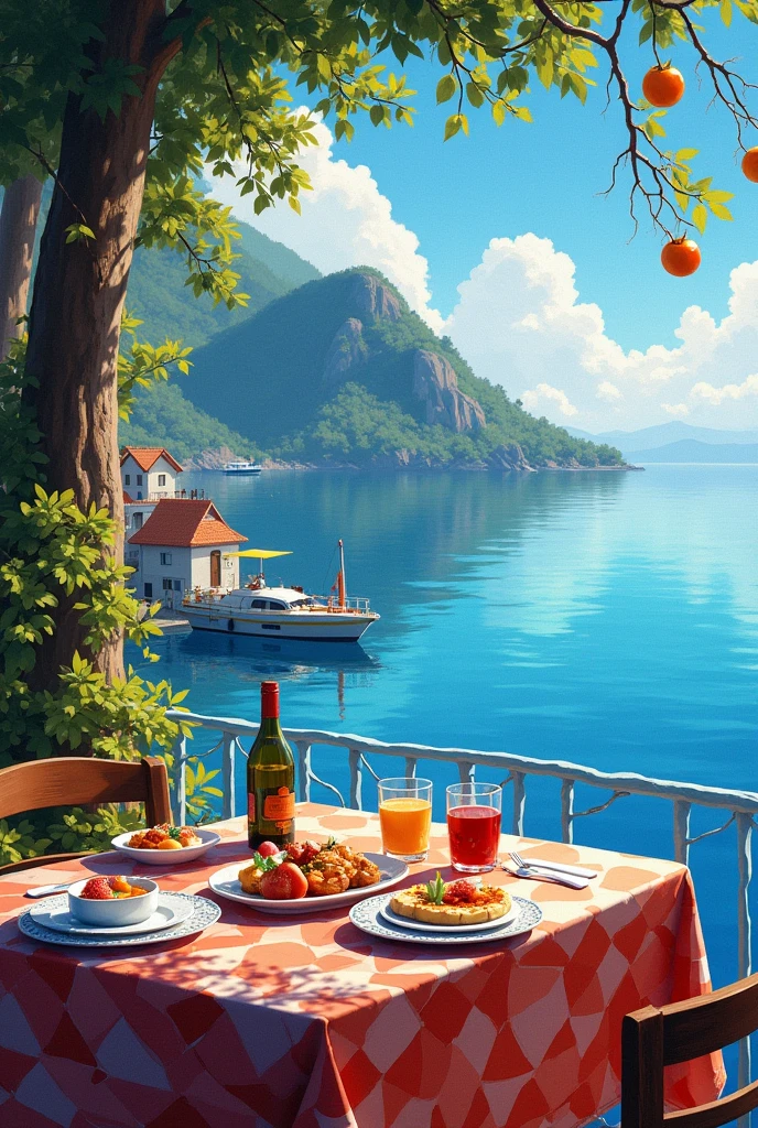 Practical, real life, Beautiful breakfast table by the water,Background by Greg Rutkowski, Laurie Greesley's Style, Studio Ghibli, Giovanni Tarantino, James Girard, Genshin Impact, Pixiv Trendy Fan Club, Acrylic palette knife, 4K, (Vibrant colors), (Bright color contrast), (Highly saturated), devinert, Trend at Artstation