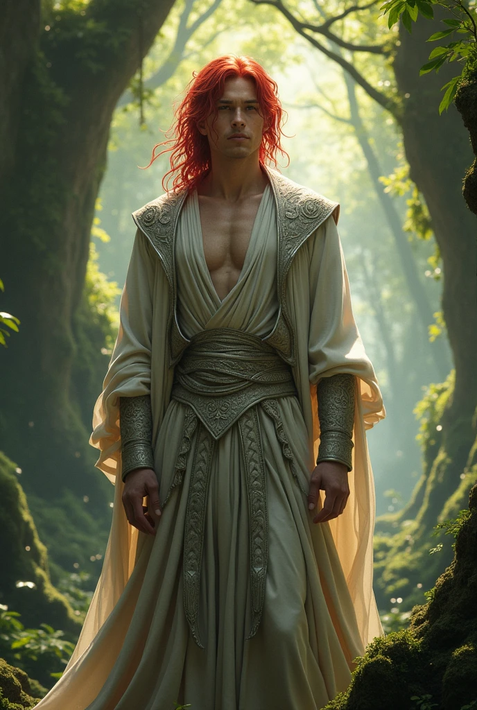 Male high fae red-haired and finely dressed in a tunic of muted silver 