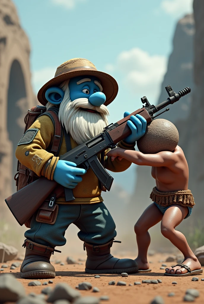 Player from the video game rust as grandpa smurf with a white beard and an ak-47 getting hit on the head by a naked character holding the starting rock with both hands