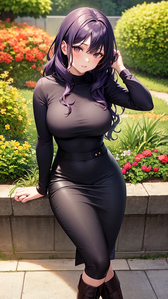 masterpiece, best quality, high detail, beautiful woman, wavy hair, dark purple hair, gray hoodie, long sleeves, black midi pencil skirt, long black pencil skirt, upper body, leather boots, looking at viewer, hand behind head, fall garden, leaves, sidewalk, backyard,