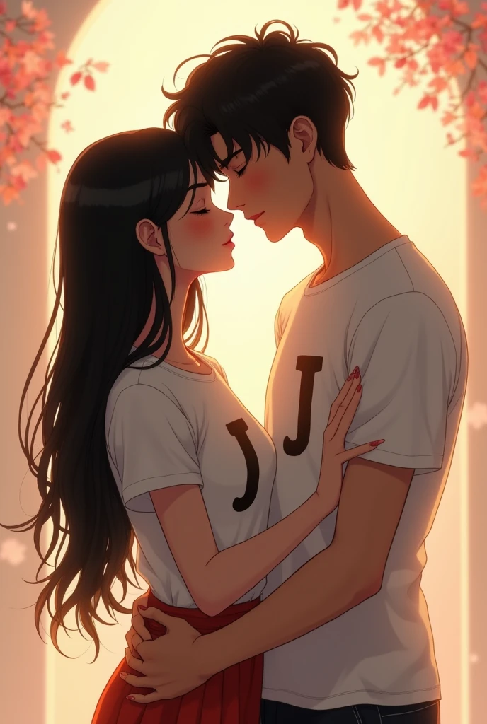 Create an image of a tall thin girl, black hair junto a un hombre delgado, black hair, tall who are lavishing love and their shirts have the initial of their names, both the letter J in uppercase