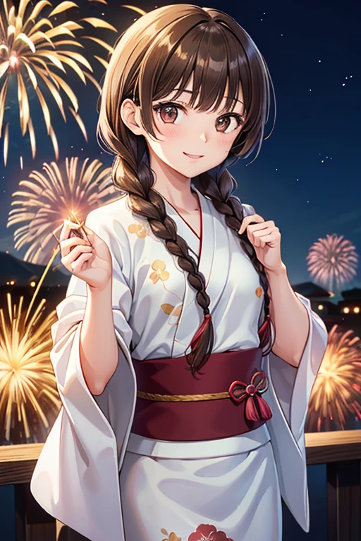 Yuno Shimazu、Shiny brown hair,Long Hair,  、((2 braids:1.5、Hair that falls over the shoulders)),Beautiful brown eyes、Sparkling eyes, Fine grain、smile、Ultra-detailed eyes、Highly detailed face, Highly detailed eyes,Cowboy Shot、

 
(masterpiece, Highest quality:1.1), (Floral Yukata),Flat Color,(),Cute Face,Tween,Have a nice trip,(Niigata，Nagaoka City，Nagaoka Fireworks Festival),Japan, Beautiful detailed scenery, Beautiful lighting,very happy,Dynamic pose,Photo portrait, sharp,An illustration