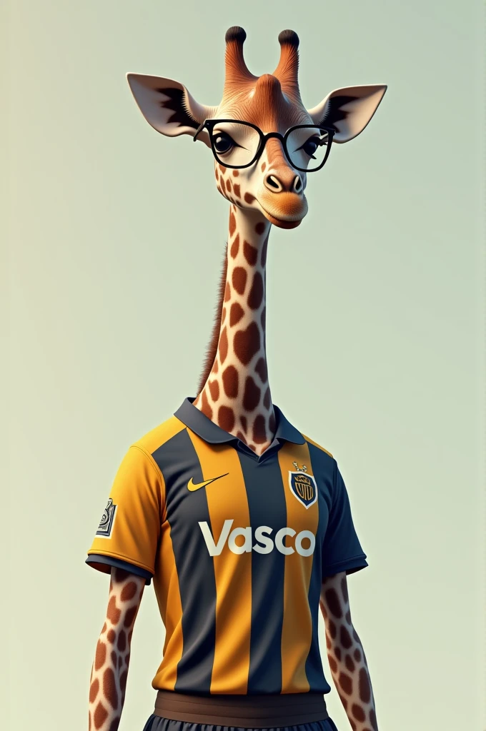 Make a giraffe with a shaved head, wearing glasses, a Vasco shirt, and a skirt.