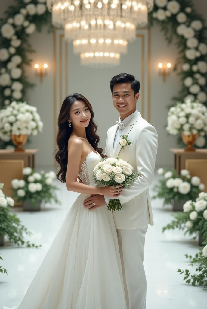 A very detailed married image of a beautiful long-haired Korean woman wearing a long white dress and a young long haired Indonesian man wearing a white suit while carrying flowers with a happy expression, with the backdrop of a wedding event in a room, ultra-realistic 32k. Soft diffused lighting, cool and natural color palette, great detail.