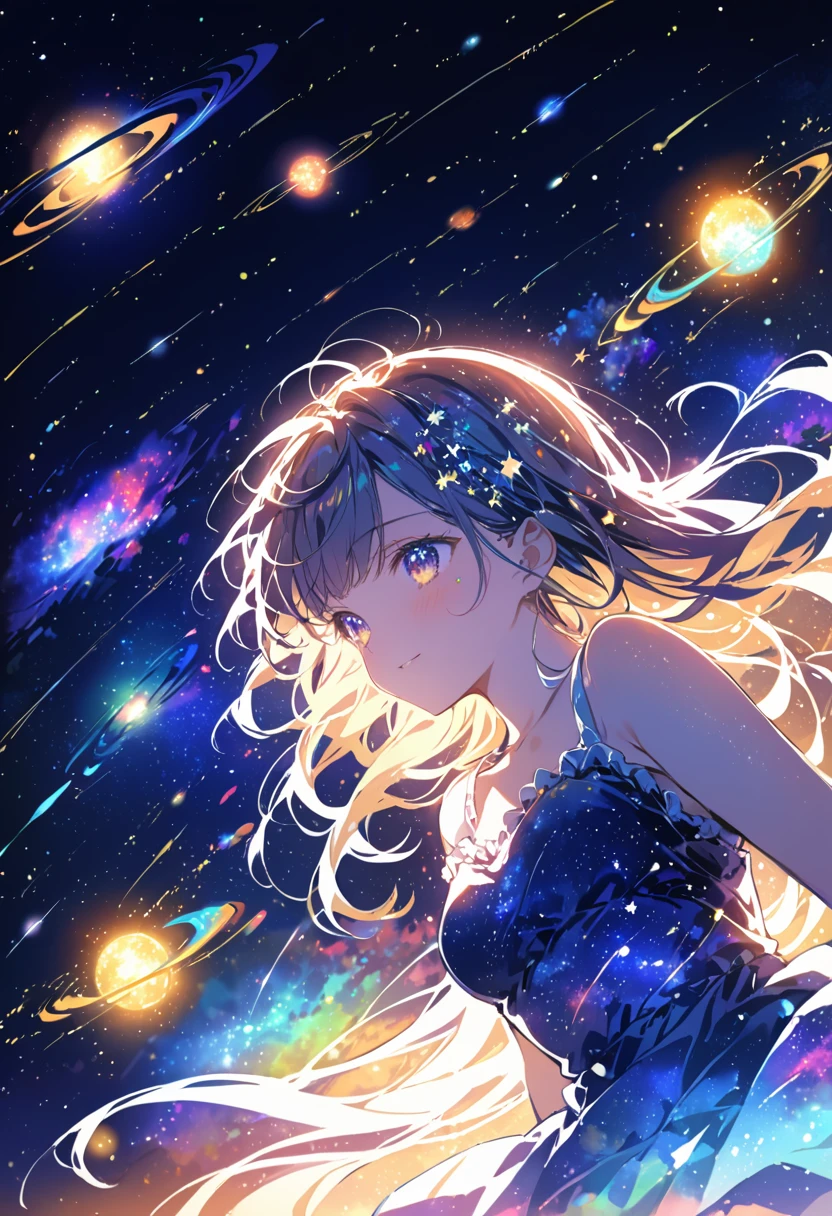 Attention to detail, Super Detail, Ultra-high resolution, A girl having fun in a dream galaxy, Surrounded by stars, The warm light that shines on her, The background depicts a starry sky with colorful galaxies and galactic clouds, The stars fly around her, Delicate face, Add some fun ,