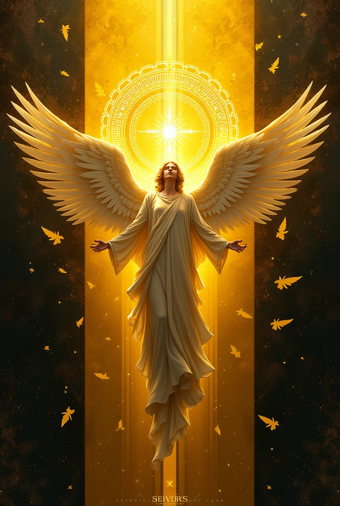 Create a flag art where it has the colors yellow and black, with angelic details, that has elements of archangels