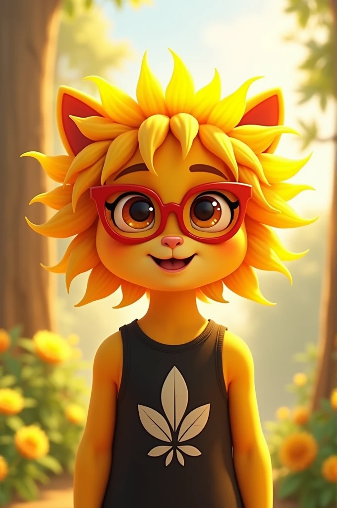 Sunbeam is a Sunflower with a sleeveless black shirt with a white leaf, a petal that makes them look like their bangs. They have red glasses/orange and yellow eyes with black pupils and eyelashes