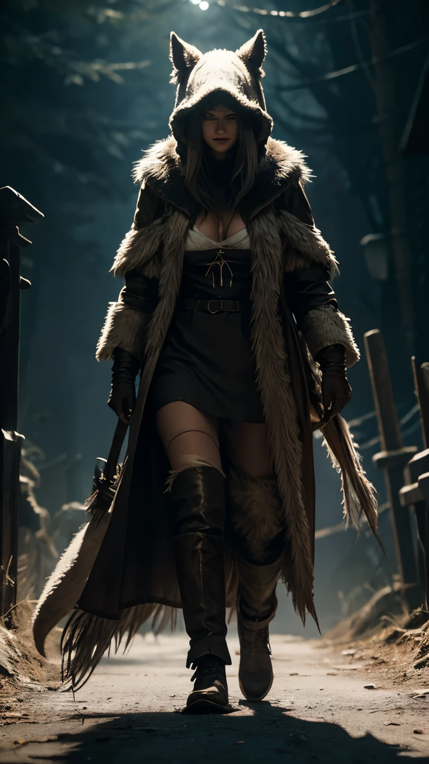 Cinematic, low-angle, Vicar Amelia, ((feral)), full body, in a stalking pose, red and glowing eyes, wearing only with bandages, claws,showing fangs, female, extremely detailed, photo realistic, cleavage, hyperrealistic, 5 fingers