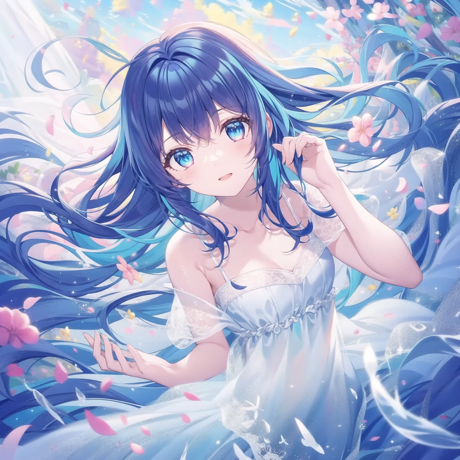((masterpiece, best quality))++, Detailed lighting+, Detailed hair+, Detail hand+ ,1 girl, Miss, Long hair, Crimson eyes, beautiful eyes, Young blue-haired,,(beautiful blue hair:1.5),(Beautiful and delicate eyes), high resolution+,glass tint, Reflective eyes, {{angle}} , Very detailed wallpaper, The original, Air bangs,Extremely beautiful CG,Firefly,Nature,ocean