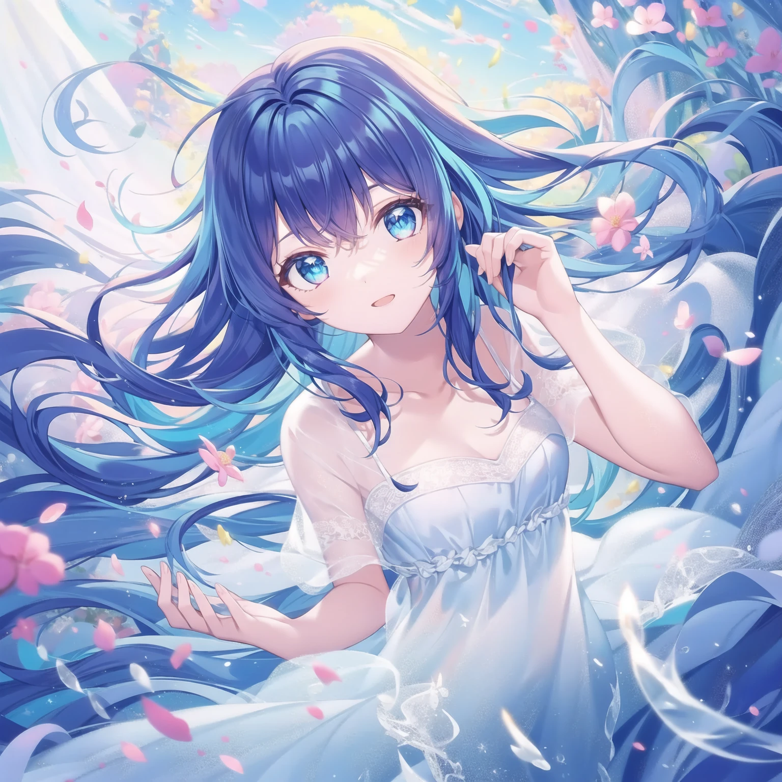((masterpiece, best quality))++, Detailed lighting+, Detailed hair+, Detail hand+ ,1 girl, Miss, Long hair, Crimson eyes, beautiful eyes, Young blue-haired,,(beautiful blue hair:1.5),(Beautiful and delicate eyes), high resolution+,glass tint, Reflective eyes, {{angle}} , Very detailed wallpaper, The original, Air bangs,Extremely beautiful CG,Firefly,Nature,ocean