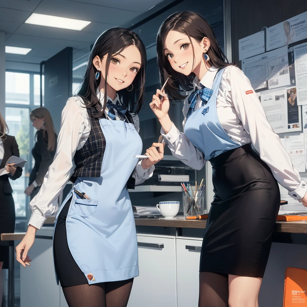 (Best Quality, Masterpiece),Wearing a pink plaid vest, White short sleeved shirt, Gray pencil skirt, Wear stiletto heels, Necklace, earrings, Cute face, Smile, Blushing, Shyness, Glass wall, Ultra Detail, Realistic, Front view, Whole body, stunning, cute, warm smile, hourglass figure, apron, text, chart, advertising, magazine title(Best Quality, Masterpiece), Mag((((1ladyl,)))) (masterpiece), (realistic), (best quality), (ultra-detailed), (wearing in [[white and gray check pattern]] Vest worn over white collared long-sleeved shirt:1.4), (gray vest with buttons:1.2), (Pink Theme:1.2), (blue ribbon ribbon:1.3), (Black theme:1.4), (Tight black pencil skirt:1.5), ((Brown pantyhose)), (high-heels:1.1),longskirt,office desk, office chair,Lulubre Unity 8K Wallpaper, pantyshot, long brown hair, office lady Magazine Cover, 1girl,  amazing, girl, 30 years old, house wiife, warm smile, hourglass figure, text, chart, advertising, magazine title