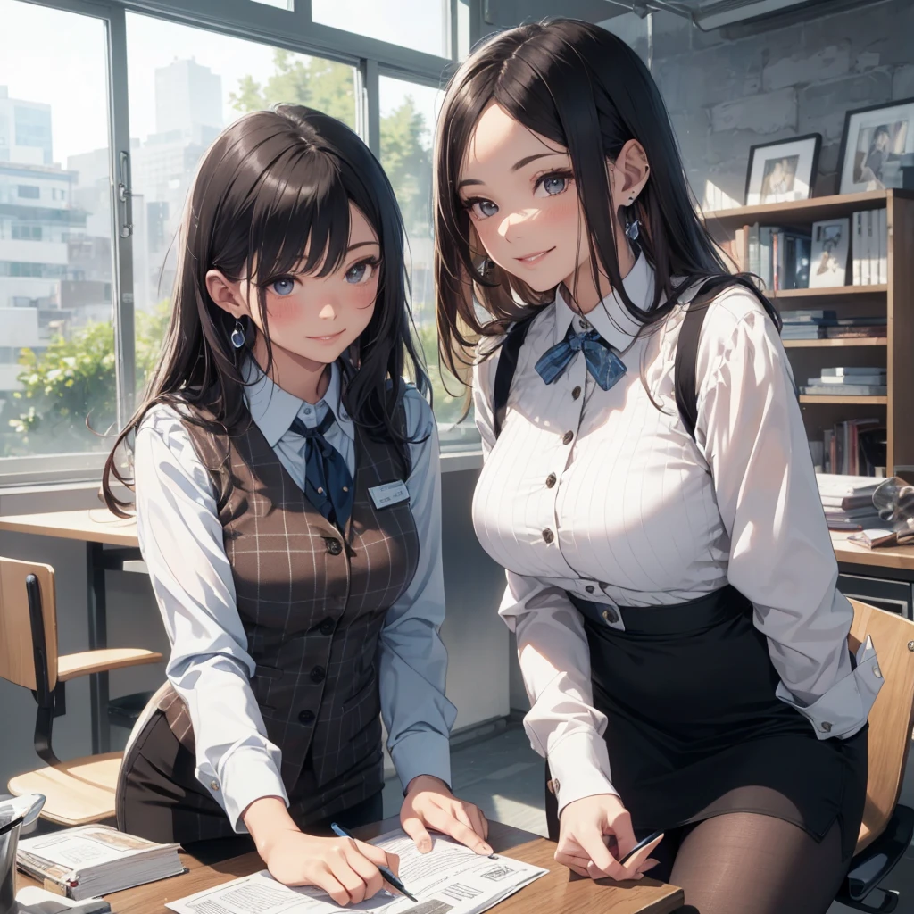 (Best Quality, Masterpiece),Wearing a pink plaid vest, White short sleeved shirt, Gray pencil skirt, Wear stiletto heels, Necklace, earrings, Cute face, Smile, Blushing, Shyness, Glass wall, Ultra Detail, Realistic, Front view, Whole body, stunning, cute, warm smile, hourglass figure, apron, text, chart, advertising, magazine title(Best Quality, Masterpiece), Mag((((1ladyl,)))) (masterpiece), (realistic), (best quality), (ultra-detailed), (wearing in [[white and gray check pattern]] Vest worn over white collared long-sleeved shirt:1.4), (gray vest with buttons:1.2), (Pink Theme:1.2), (blue ribbon ribbon:1.3), (Black theme:1.4), (Tight black pencil skirt:1.5), ((Brown pantyhose)), (high-heels:1.1),longskirt,office desk, office chair,Lulubre Unity 8K Wallpaper, pantyshot, long brown hair, office lady Magazine Cover, 1girl,  amazing, girl, 30 years old, house wiife, warm smile, hourglass figure, text, chart, advertising, magazine title