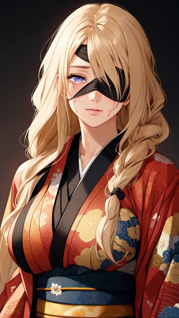 florence_alicia, huge_breasts, standing, solo, kimono, masterpiece, best quality, detailed face, detailed eye,best, 1girl, mature_lady,handcuff, tears_in_eyes, long hair, black_blindfold, 